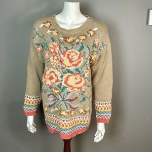 VTG Cottagecore Handknit Sweater Small Reference Point Floral Rose Cotton Blend